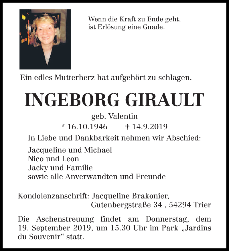  Traueranzeige für Ingeborg Girault vom 18.09.2019 aus trierischer_volksfreund