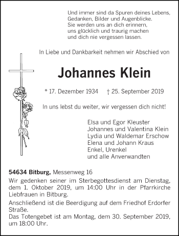 Traueranzeige von Johannes Klein von trierischer_volksfreund