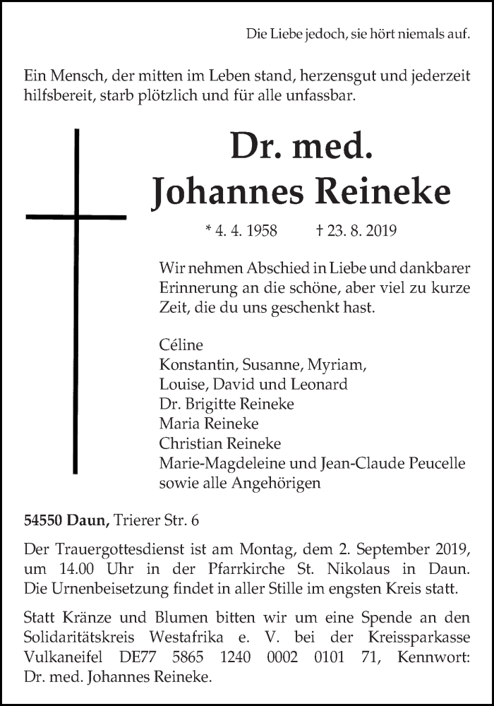  Traueranzeige für Johannes Reineke vom 31.08.2019 aus trierischer_volksfreund