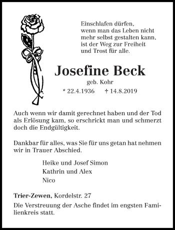 Traueranzeige von Josefine Beck von trierischer_volksfreund