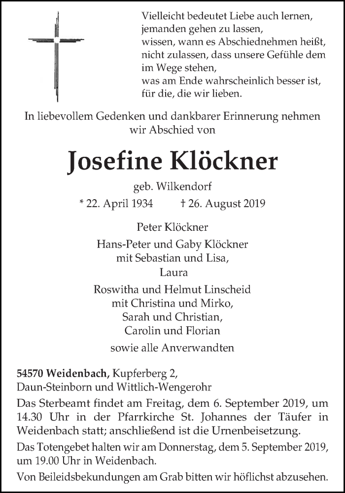  Traueranzeige für Josefine Klöckner vom 04.09.2019 aus trierischer_volksfreund
