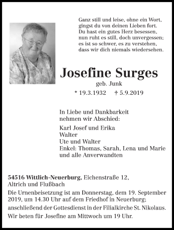 Traueranzeige von Josefine Surges von trierischer_volksfreund