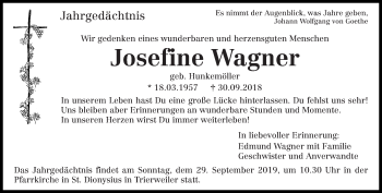 Traueranzeige von Josefine Wagner von trierischer_volksfreund