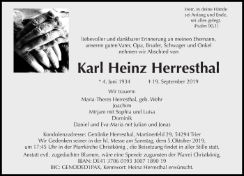 Traueranzeige von Karl Heinz Herresthal von trierischer_volksfreund