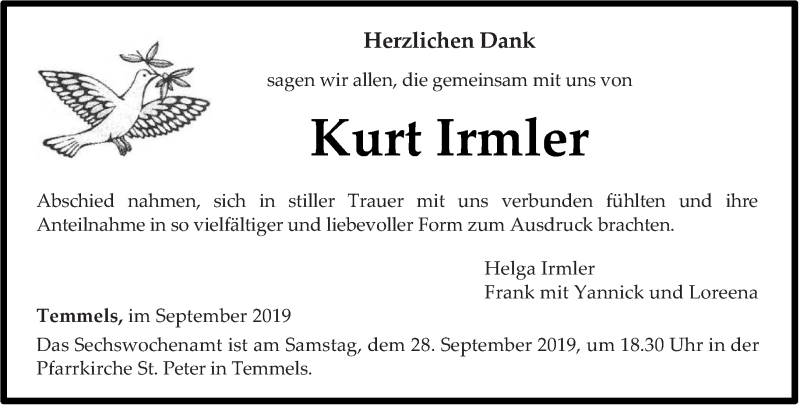  Traueranzeige für Kurt Irmler vom 21.09.2019 aus trierischer_volksfreund