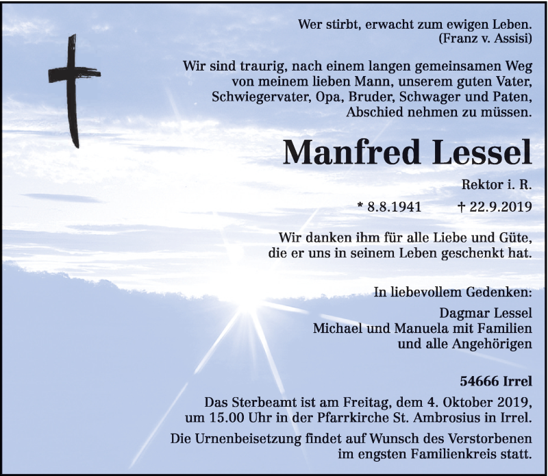  Traueranzeige für Manfred Lessel vom 28.09.2019 aus trierischer_volksfreund