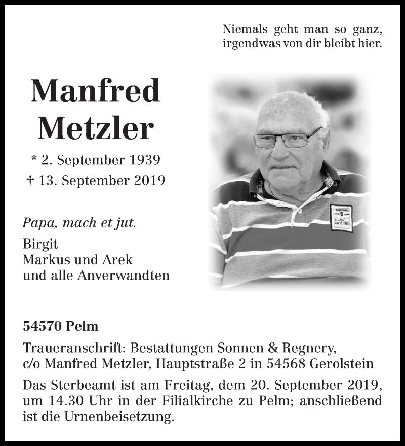  Traueranzeige für Manfred Metzler vom 17.09.2019 aus trierischer_volksfreund