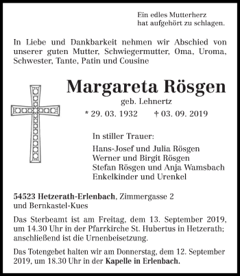 Traueranzeige von Margareta Rösgen von trierischer_volksfreund