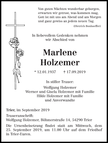 Traueranzeige von Marlene Holzemer von trierischer_volksfreund