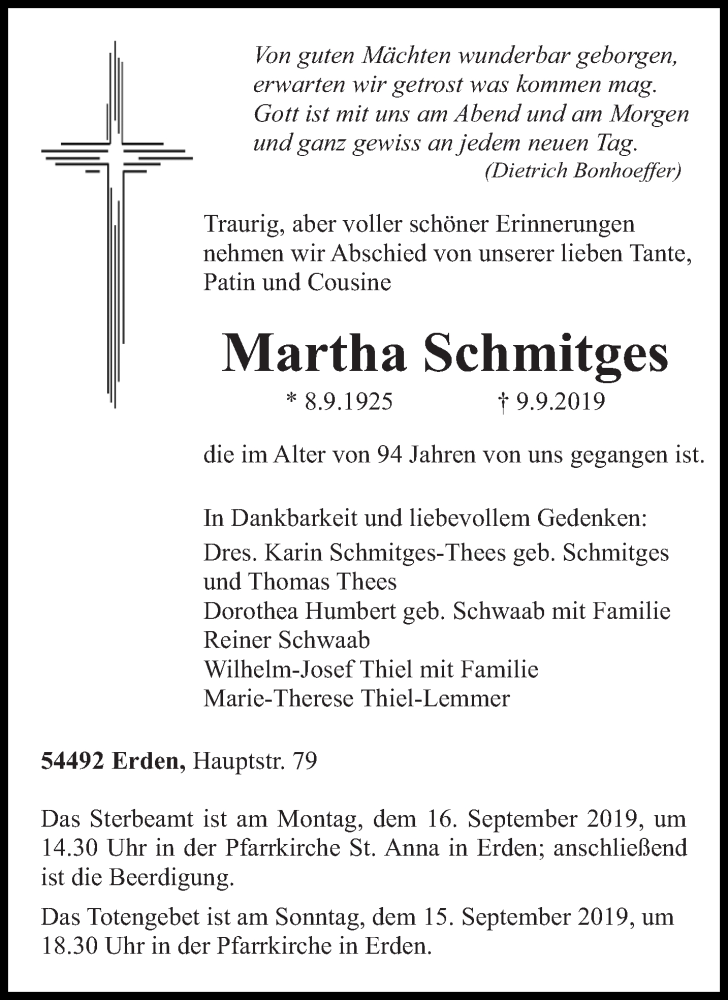  Traueranzeige für Martha Schmitges vom 12.09.2019 aus trierischer_volksfreund