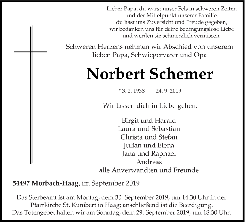  Traueranzeige für Norbert Schemer vom 28.09.2019 aus trierischer_volksfreund