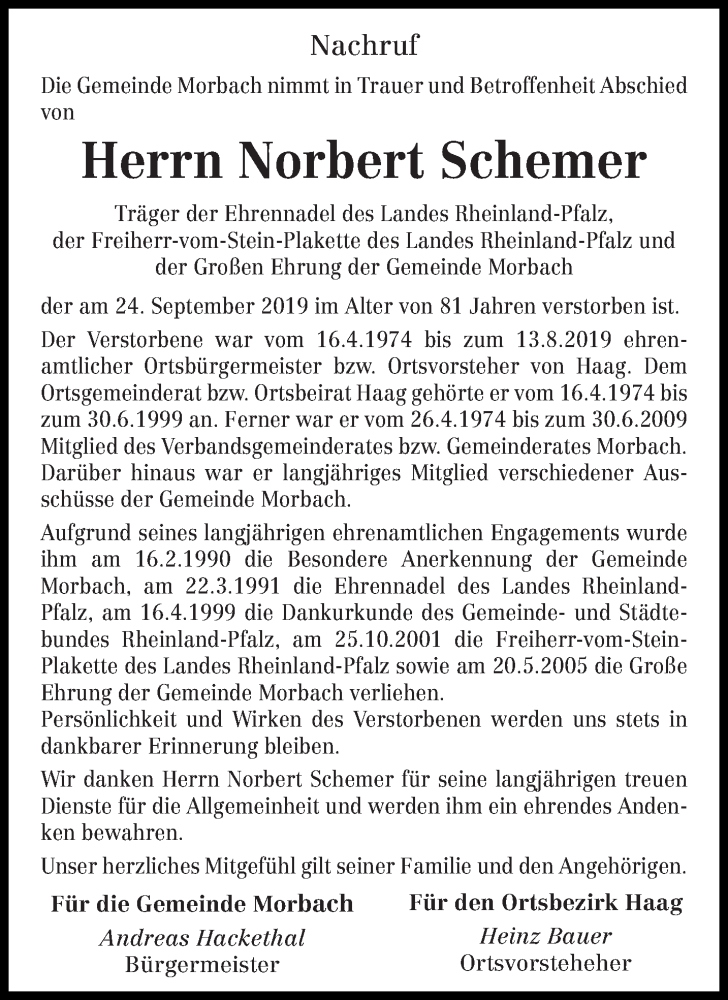  Traueranzeige für Norbert Schemer vom 28.09.2019 aus trierischer_volksfreund