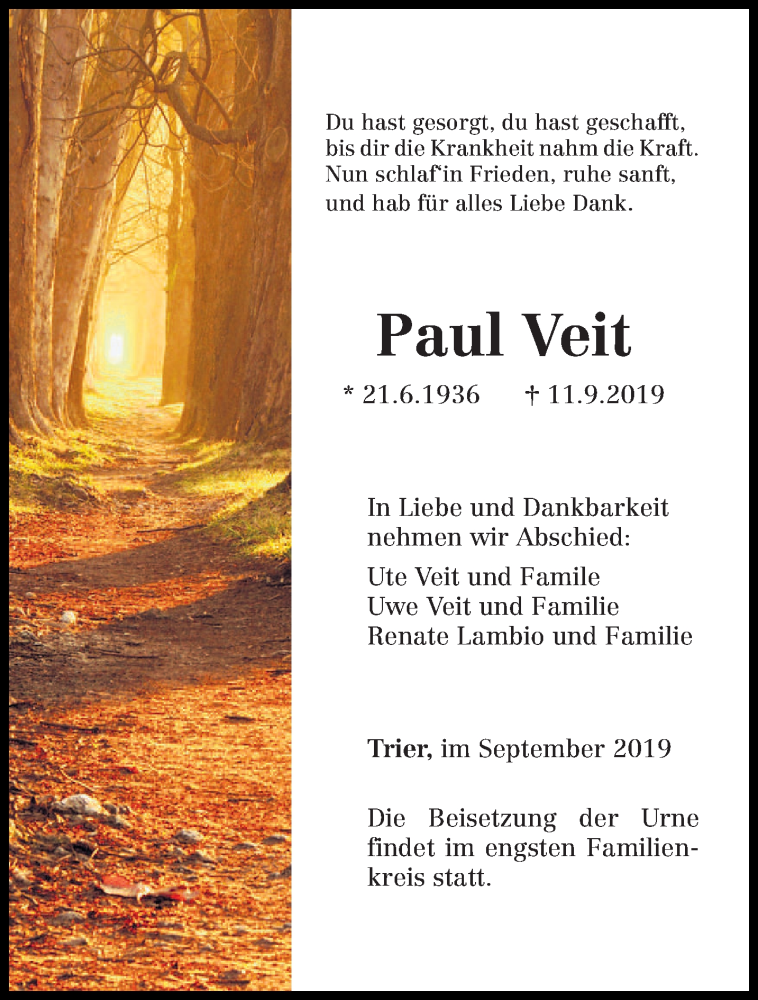  Traueranzeige für Paul Veit vom 14.09.2019 aus trierischer_volksfreund