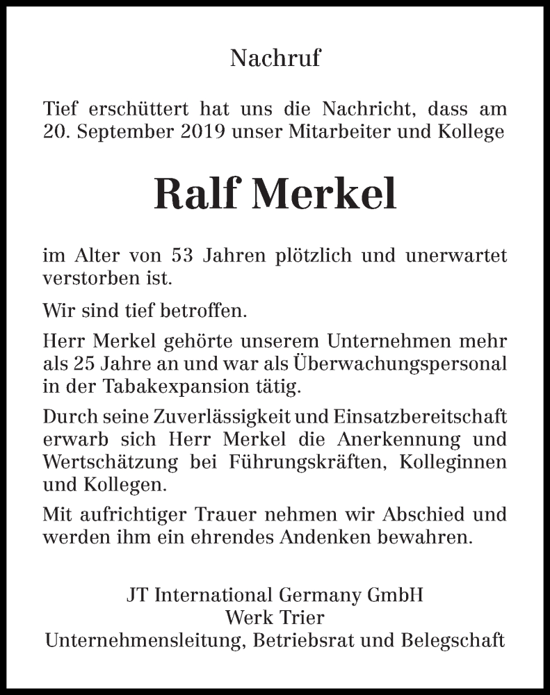  Traueranzeige für Ralf Merkel vom 28.09.2019 aus trierischer_volksfreund