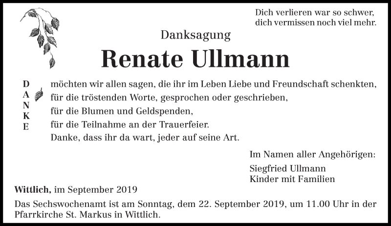  Traueranzeige für Renate Ullmann vom 14.09.2019 aus trierischer_volksfreund