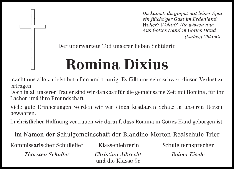  Traueranzeige für Romina Dixius vom 28.09.2019 aus trierischer_volksfreund