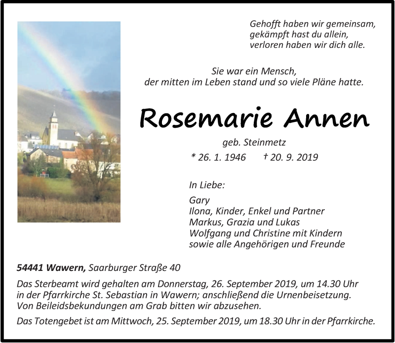  Traueranzeige für Rosemarie Annen vom 24.09.2019 aus trierischer_volksfreund