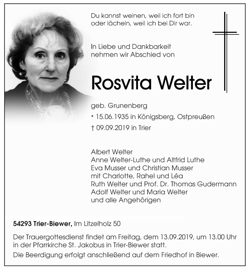  Traueranzeige für Rosvita Welter vom 11.09.2019 aus trierischer_volksfreund