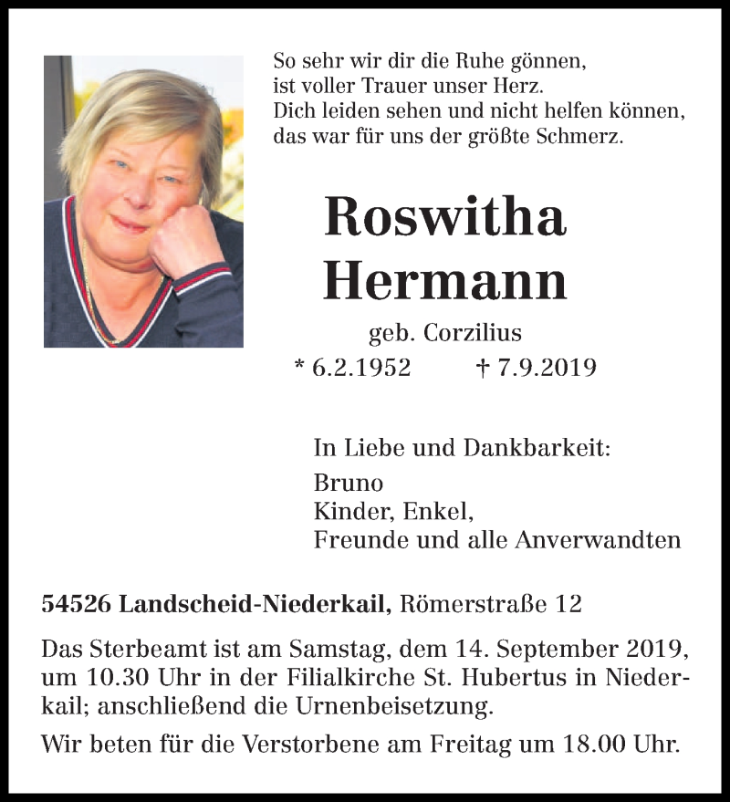  Traueranzeige für Roswitha Hermann vom 11.09.2019 aus trierischer_volksfreund