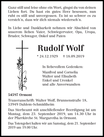 Traueranzeige von Rudolf Wolf von trierischer_volksfreund