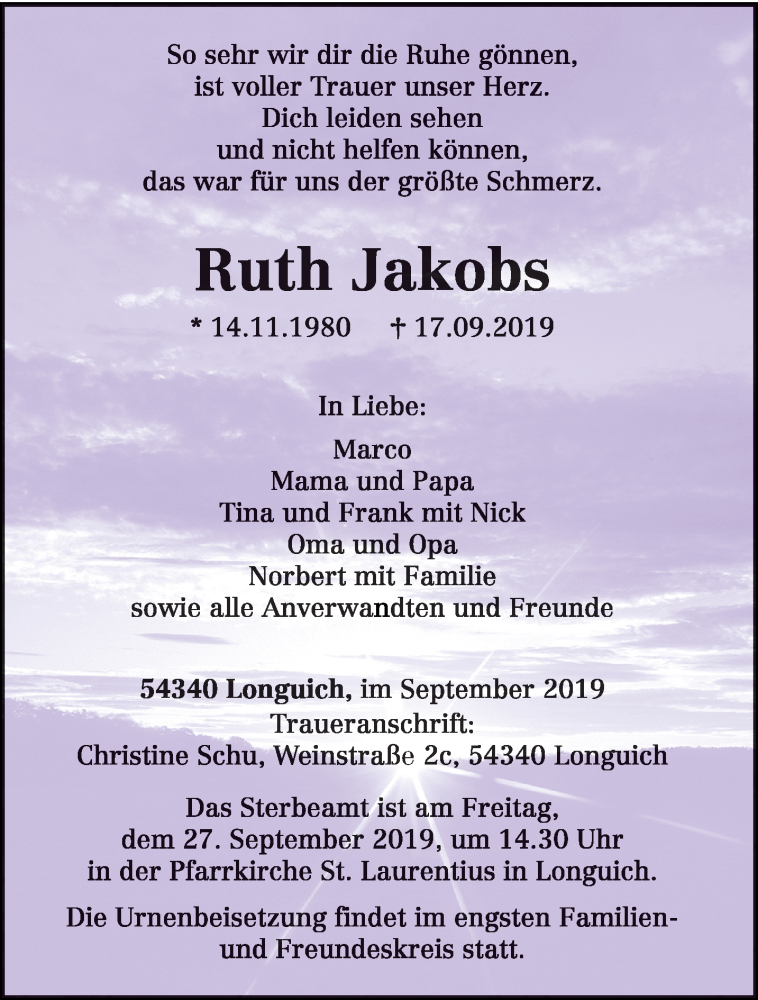  Traueranzeige für Ruth Jakobs vom 24.09.2019 aus trierischer_volksfreund