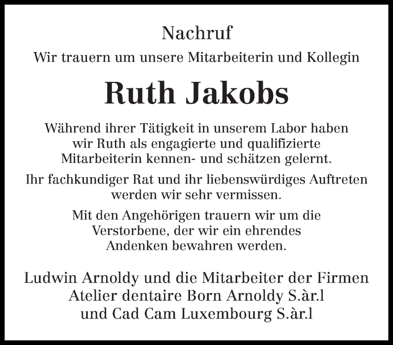  Traueranzeige für Ruth Jakobs vom 24.09.2019 aus trierischer_volksfreund