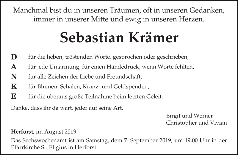  Traueranzeige für Sebastian Krämer vom 31.08.2019 aus trierischer_volksfreund