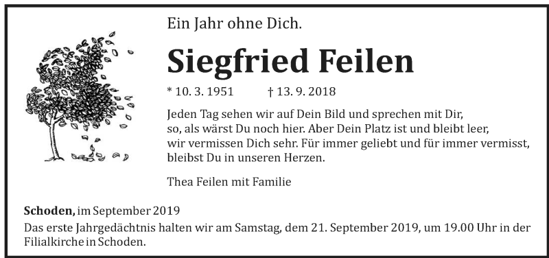  Traueranzeige für Siegfried Feilen vom 14.09.2019 aus trierischer_volksfreund