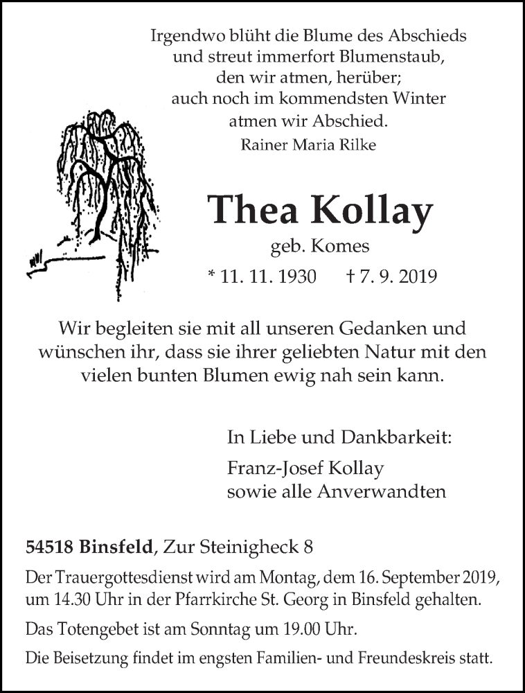  Traueranzeige für Thea Kollay vom 11.09.2019 aus trierischer_volksfreund