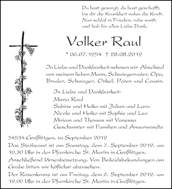 Traueranzeige von Volker Raut von trierischer_volksfreund