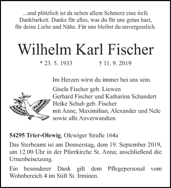 Traueranzeige von Wilhelm Karl Fischer von trierischer_volksfreund