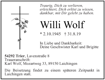 Traueranzeige von Willi Wolf von trierischer_volksfreund