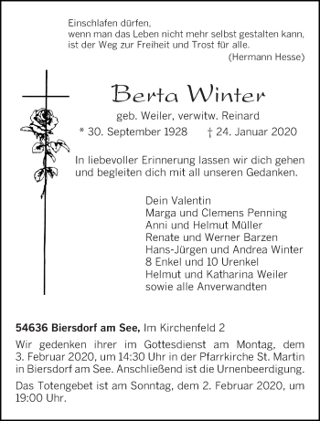 Traueranzeige von Berta Winter von trierischer_volksfreund