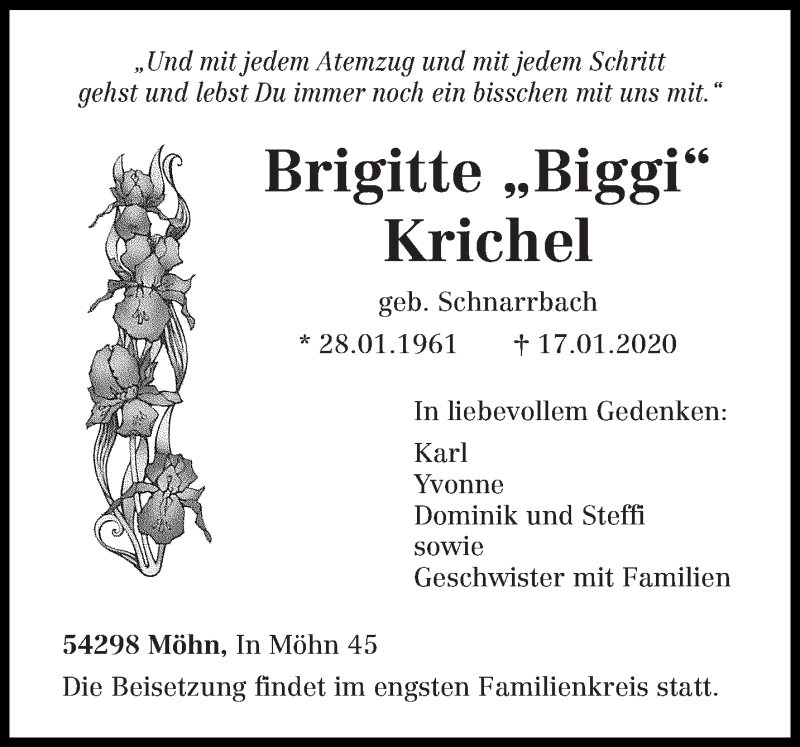  Traueranzeige für Brigitte Krichel vom 21.01.2020 aus trierischer_volksfreund