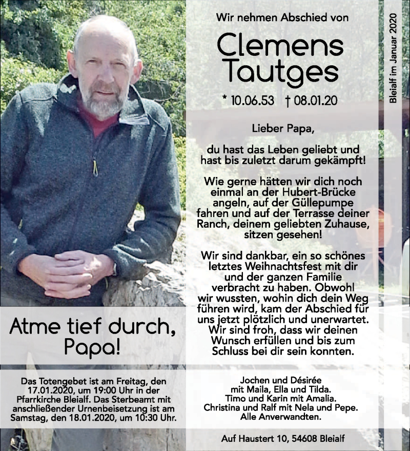  Traueranzeige für Clemens Tautges vom 14.01.2020 aus trierischer_volksfreund