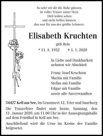Traueranzeige von Elisabeth Kruchten von trierischer_volksfreund