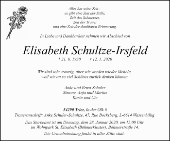 Traueranzeige von Elisabeth Schultze-Irsfeld von trierischer_volksfreund