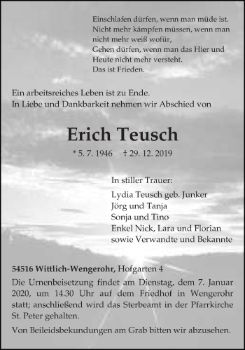 Traueranzeige von Erich Teusch von trierischer_volksfreund