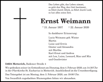 Traueranzeige von Ernst Weimann von trierischer_volksfreund