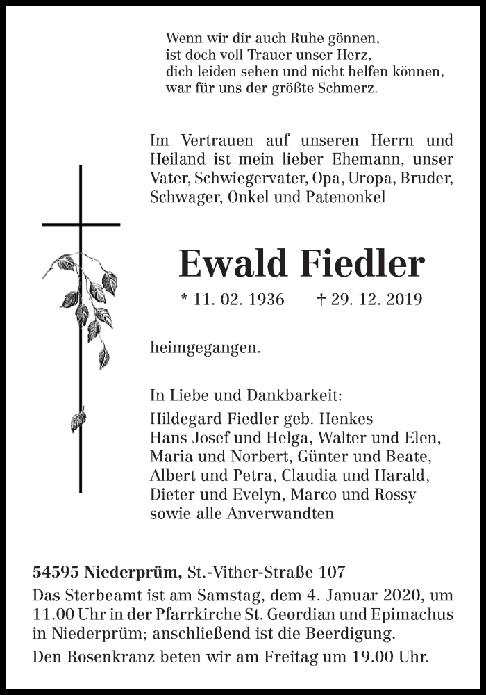  Traueranzeige für Ewald Fiedler vom 31.12.2019 aus trierischer_volksfreund