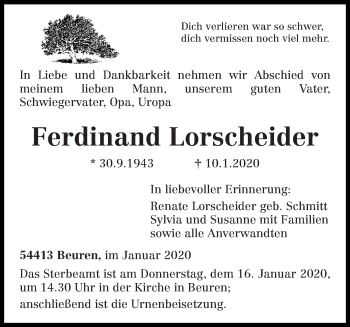 Traueranzeige von Ferdinand Lorscheider von trierischer_volksfreund
