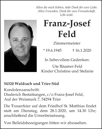 Traueranzeige von Franz-Josef Feld von trierischer_volksfreund