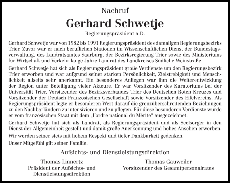  Traueranzeige für Gerhard Schwetje vom 18.01.2020 aus trierischer_volksfreund