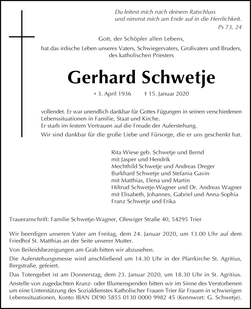  Traueranzeige für Gerhard Schwetje vom 18.01.2020 aus trierischer_volksfreund