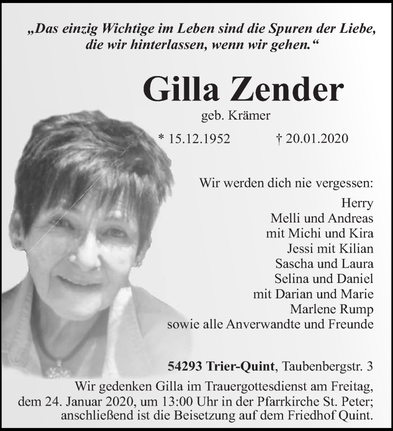  Traueranzeige für Gilla Zender vom 22.01.2020 aus trierischer_volksfreund