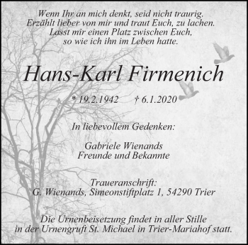 Traueranzeige von Hans-Karl Firmenich von trierischer_volksfreund