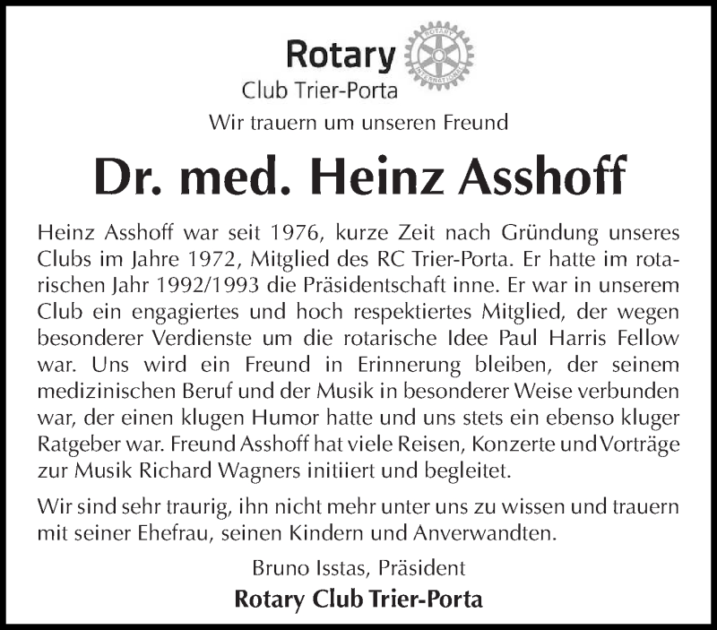 Traueranzeigen Von Heinz Asshoff Volksfreund Trauer De