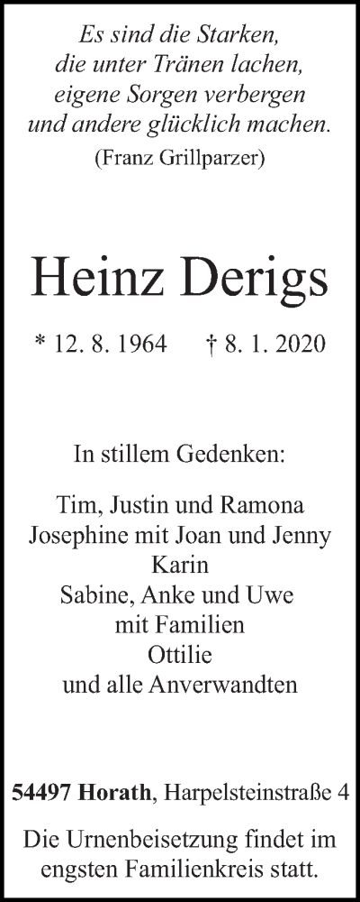  Traueranzeige für Heinz Derigs vom 11.01.2020 aus trierischer_volksfreund