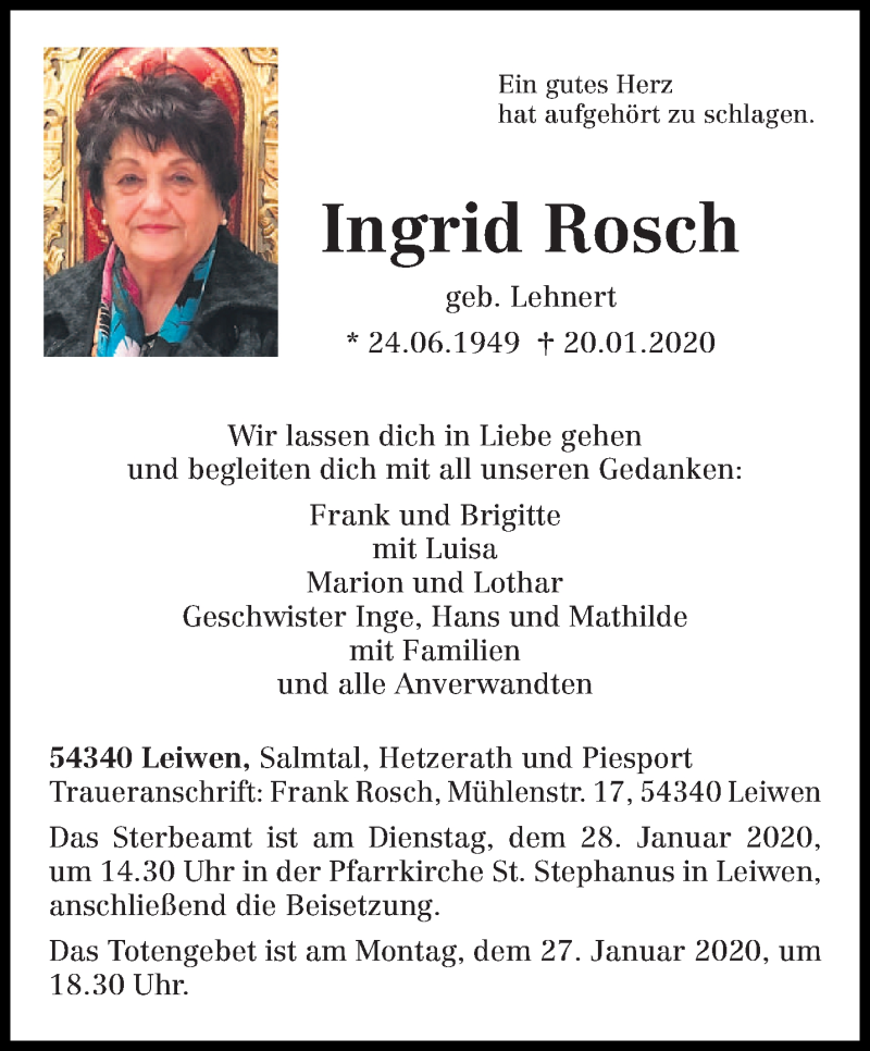  Traueranzeige für Ingrid Rosch vom 25.01.2020 aus trierischer_volksfreund