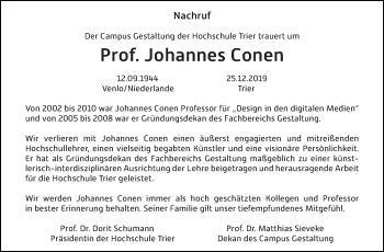 Traueranzeige von Johannes Conen von trierischer_volksfreund